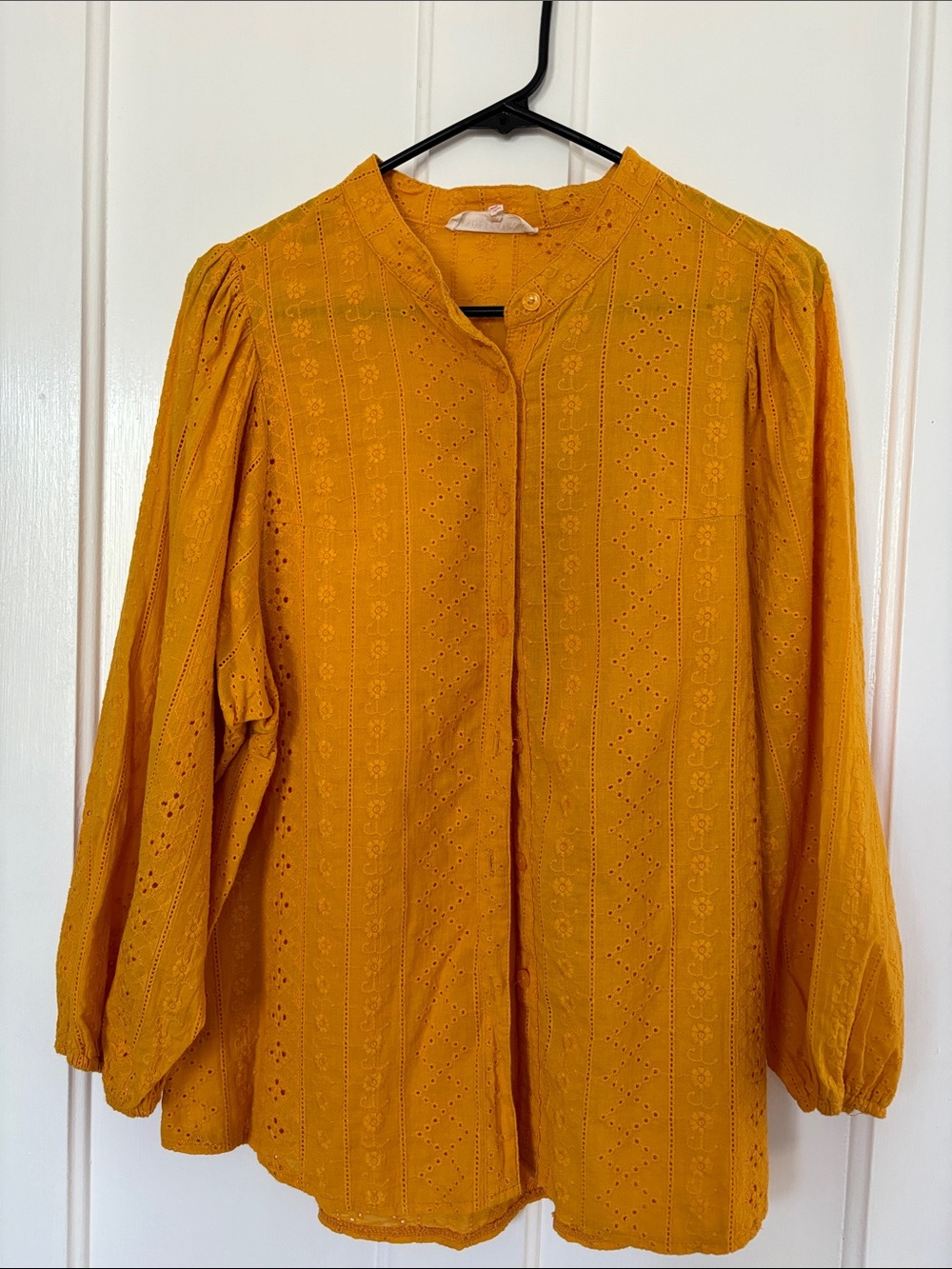 Women’s Eyelet Button-Front Long Sleeve Top - Mustard